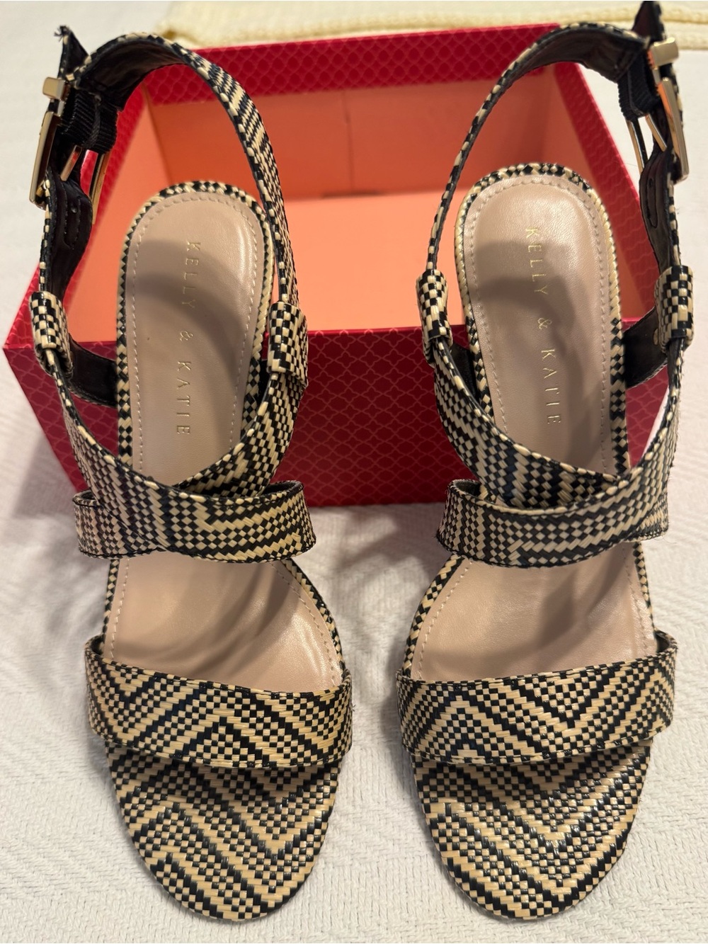 Kelly & Katie Black and Natural Woven Strappy Heels